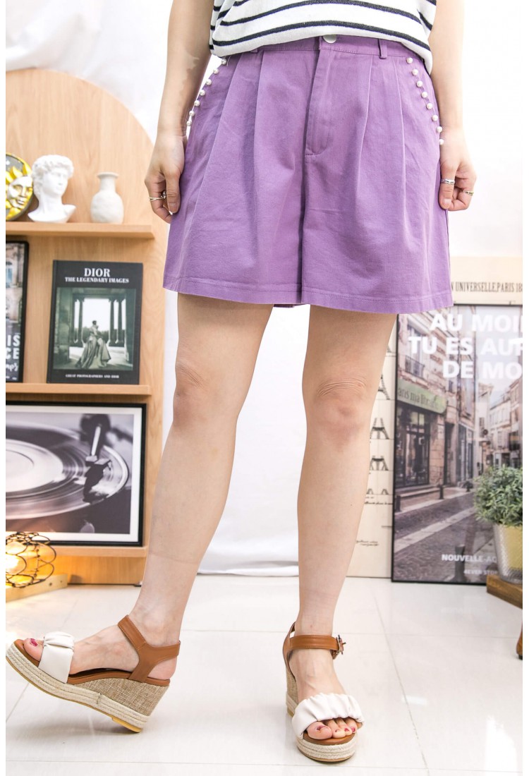 2315-1100A- 優美感 - 後腰橡根 ‧ 袋邊釘珍珠 ‧ 扯布料短褲 (韓國) 